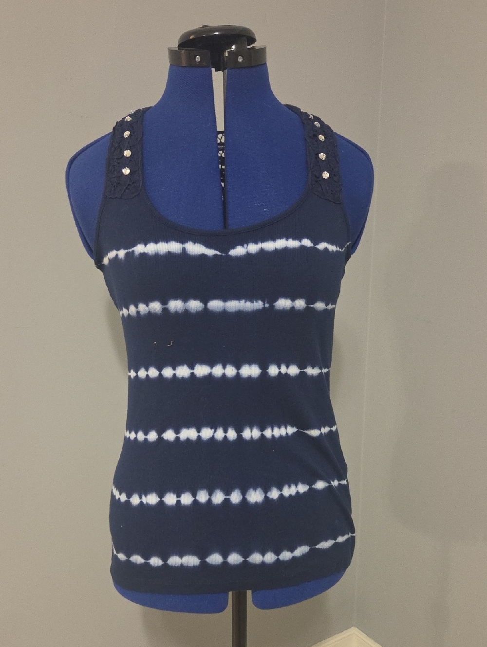 VENUS Navy and White Tie-Dye Tank with Embellished Straps